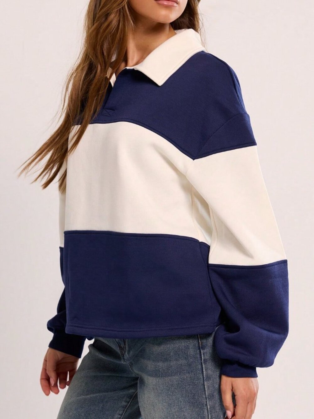 Navy Blue Casual Women's Striped Jersey Sweatshirt - Picture 2 of 5